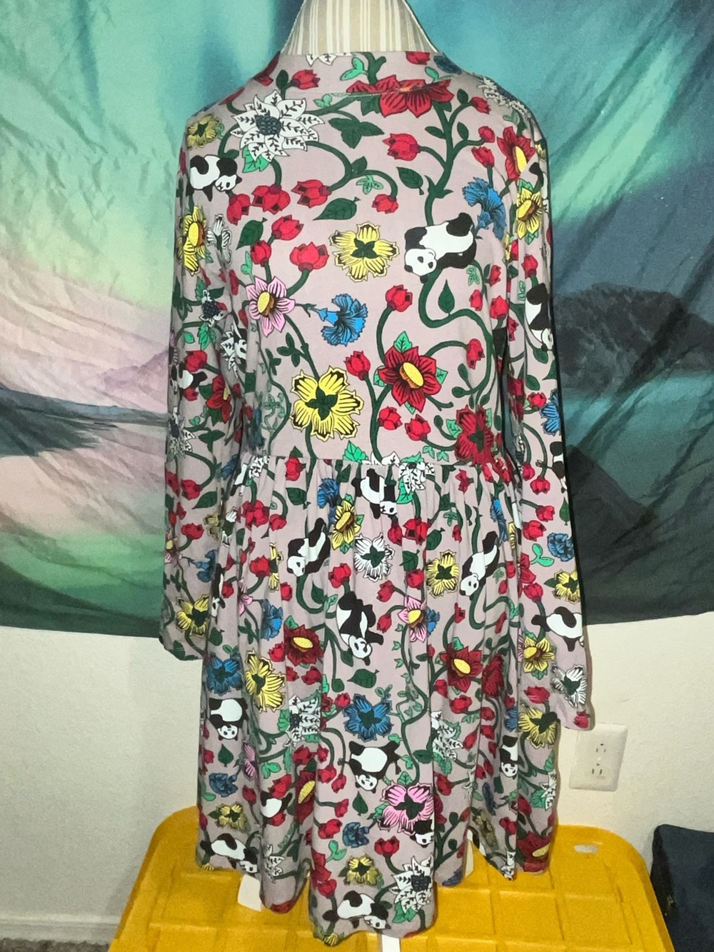 Floral Panda Print Long Sleeve Swing Dress - Pink